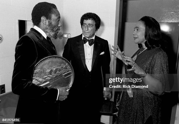 Comedian/Civil Rights Activist Dick Gregory, Singer/Songwriter Tony Bennett and Civil Rights Leader Coretta Scott Kink backstage during MLK Gala at...