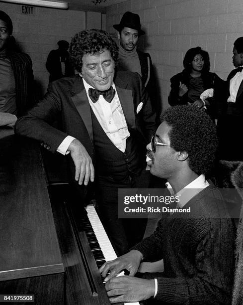 Tony Bennett and Stevie Wonder backstage during MLK Gala at The Atlanta Civic Center in Atlanta Georgia. January 13, 1982