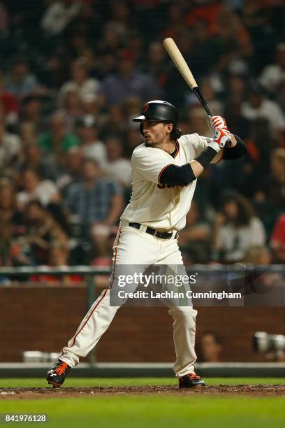 Jarrett Parker of the San Francisco Giants at bat in the sixth inning against the St Louis Cardinals at AT&T Park on August 31, 2017 in San...