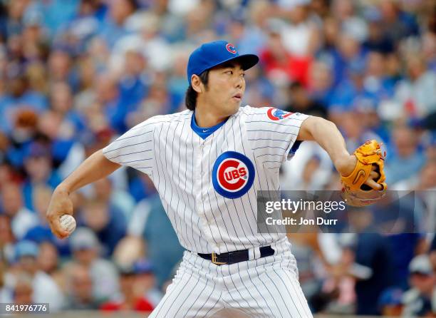 Koji Uehara of the Chicago Cubs pitches against the Atlanta Braves during the seventh inning at Wrigley Field on September 2, 2017 in Chicago,...