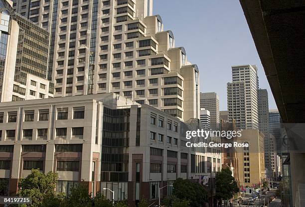 The downtown along Mission Street's shopping district is seen in this 2009 San Francisco, California, city landscape photo.