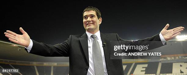 Nigel Clough, new manager of Derby County, poses for photographers on the pitch before a League cup semi final first leg football match against...