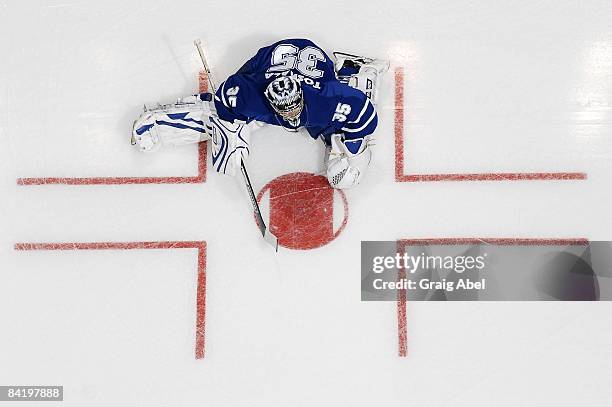 Vesa Toskala of the Toronto Maple Leafs skates during warm up prior to facing the Ottawa Senators on January 3, 2009 at the Air Canada Centre in...