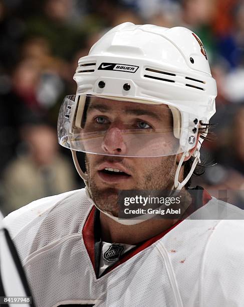 Mike Fisher of the Ottawa Senators looks on during a break in play against the Toronto Maple Leafs on January 3, 2009 at the Air Canada Centre in...