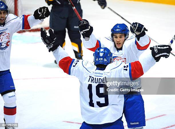 Thibaut Monnet ZSC celebrates after the first goal during the IIHF Champions Hockey League semi-final match between Espoo Blues and ZSC Lions Zurich...