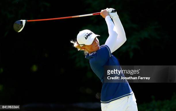 Stacy Lewis tees off on the 5th hole during the third round of the LPGA Cambia Portland Classic at Columbia Edgewater Country Club on September 2,...