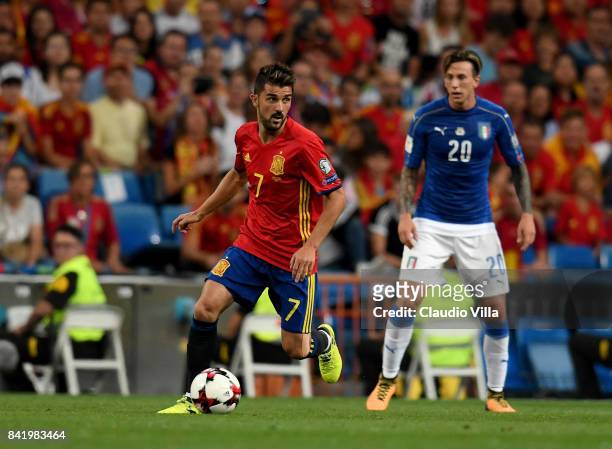 David Villa of Spain in action during the FIFA 2018 World Cup Qualifier between Spain and Italy at Estadio Santiago Bernabeu on September 2, 2017 in...