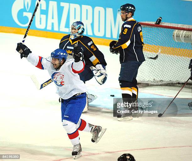 Jean-Guy of ZSC celebrates after the second goal during the IIHF Champions Hockey League semi-final match between Espoo Blues and ZSC Lions Zurich at...