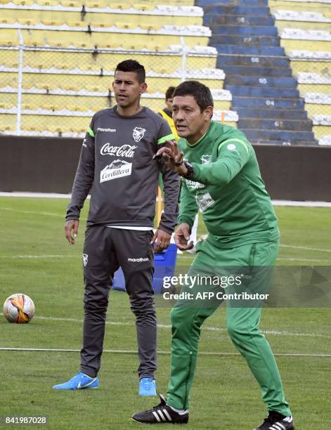 Coach Mauricio Soria directs a training session by the Bolivian national football team on September 2 in the Hernando Siles stadium in La Paz, ahead...