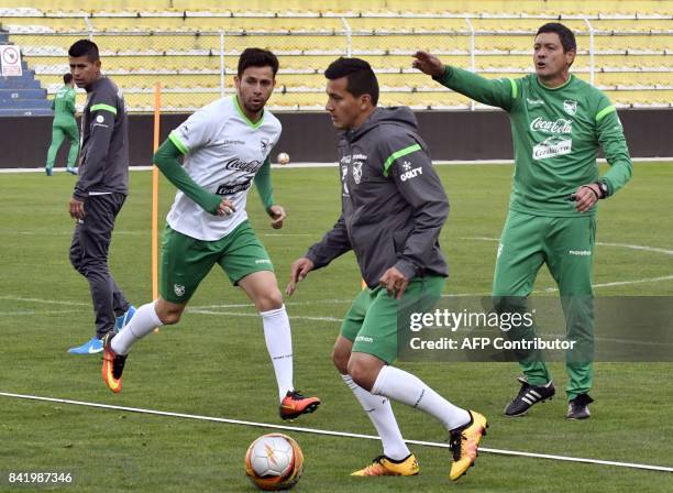 Coach Mauricio Soria directs a training session by the Bolivian national football team on September 2 in the Hernando Siles stadium in La Paz, ahead...