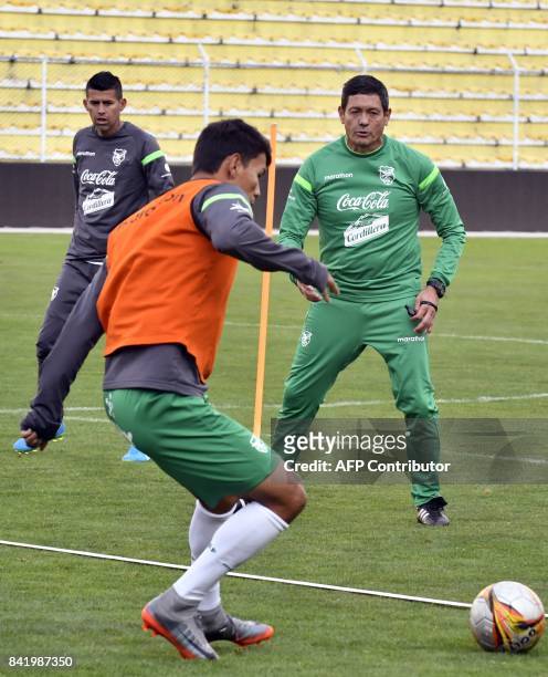 Coach Mauricio Soria directs a training session by the Bolivian national football team on September 2 in the Hernando Siles stadium in La Paz, ahead...