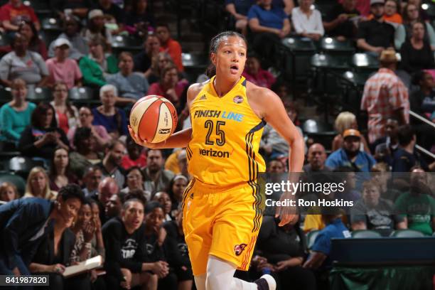 Marissa Coleman of the Indiana Fever handles the ball against the San Antonio Stars on September 2, 2017 at Bankers Life Fieldhouse in Indianapolis,...