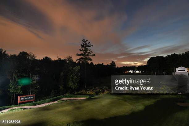 Scenic view of the 18th hole during sunset during the first round of the Dell Technologies Championship at TPC Boston on September 1, 2017 in Norton,...