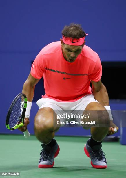 Rafael Nadal of Spain reacts against Leonardo Mayer of Argentina during their third round Men's Singles match on Day Six of the 2017 US Open at the...