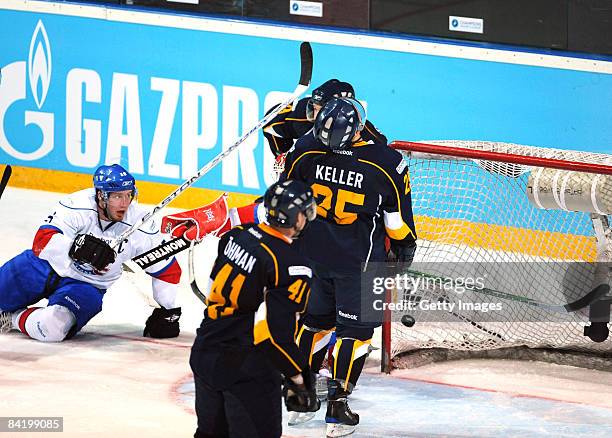 Ryan Keller of Espoo Blues makes the second goal during the IIHF Champions Hockey League semi-final match between Espoo Blues and ZSC Lions Zurich at...