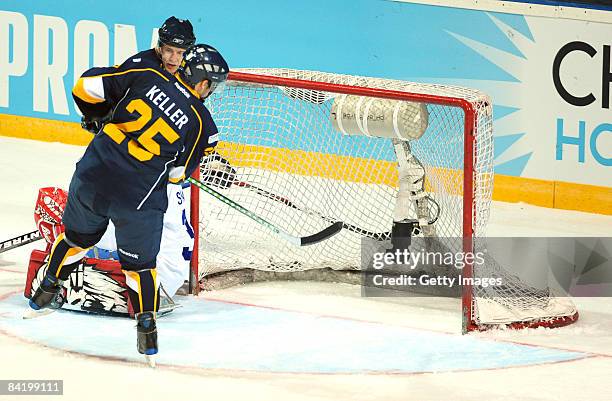 Ryan Keller of Espoo Blues makes the second goal for Espoo during the IIHF Champions Hockey League semi-final match between Espoo Blues and ZSC Lions...