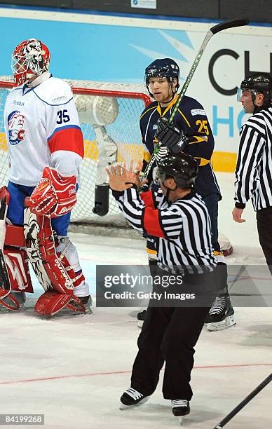 Ryan Keller of Espoo Blues makes a second goal during the IIHF Champions Hockey League semi-final match between Espoo Blues and ZSC Lions Zurich at...