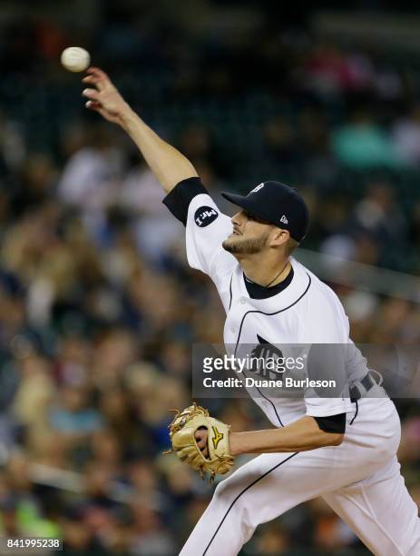 Myles Jaye of the Detroit Tigers pitches ;ail during the seventh inning at Comerica Park on September 2, 2017 in Detroit, Michigan.