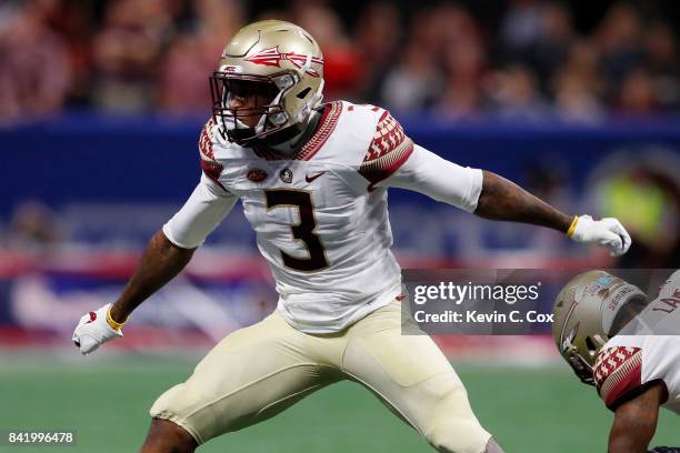 Derwin James of the Florida State Seminoles reacts after a play against the Alabama Crimson Tide in their game at Mercedes-Benz Stadium on September...