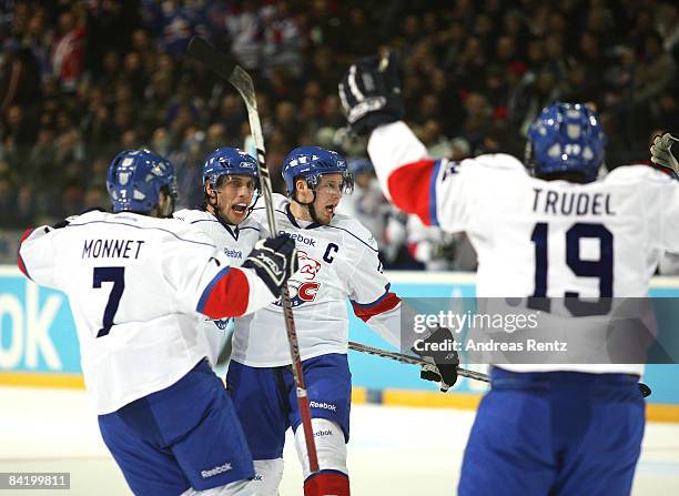 Players of Zurich Lions celebrate the first goal during the IIHF Champions Hockey League semi-final match between Espoo Blues and ZSC Lions Zurich at...