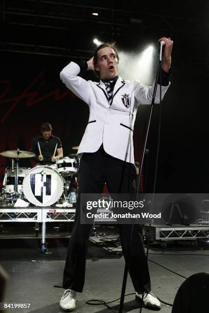 Pelle Almqvist of the band The Hives performs on stage during the Sunset Sounds Festival in the Botanic Gardens on January 7, 2009 in Brisbane,...