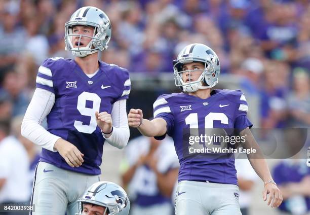 Kansas State kicker Matthew McCrane and holder Mitch Lochbihler watch as McCrane's 53-yard field goal makes it through the uprights against Central...