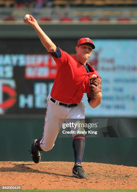 Matt Belisle of the Minnesota Twins throws against the Chicago White Sox in the ninth inning during of their baseball game on August 31 at Target...