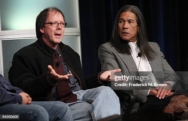 Filmmaker Rick Burns and actor Marcos Akiaten speak during the PBS portion of the 2009 Winter Television Critics Association Press Tour at the...