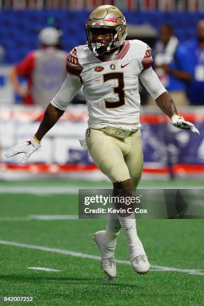 Derwin James of the Florida State Seminoles reacts after a play against the Alabama Crimson Tide during their game at Mercedes-Benz Stadium on...