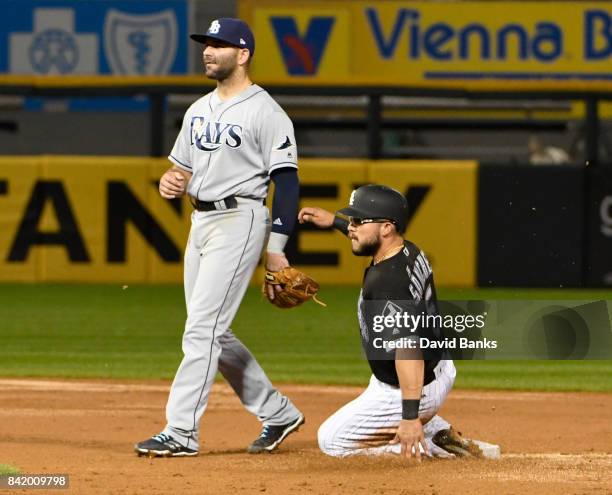 Yolmer Sanchez of the Chicago White Sox steals second base as Danny Espinosa of the Tampa Bay Rays stands nearby during the fifth inning on September...