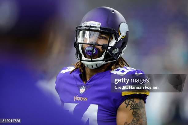 Bucky Hodges of the Minnesota Vikings looks on before the preseason game against the Miami Dolphins on August 31, 2017 at U.S. Bank Stadium in...