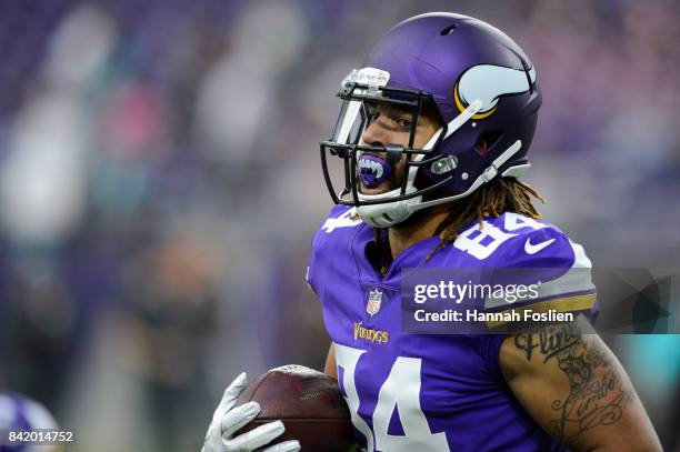 Bucky Hodges of the Minnesota Vikings looks on before the preseason game against the Miami Dolphins on August 31, 2017 at U.S. Bank Stadium in...