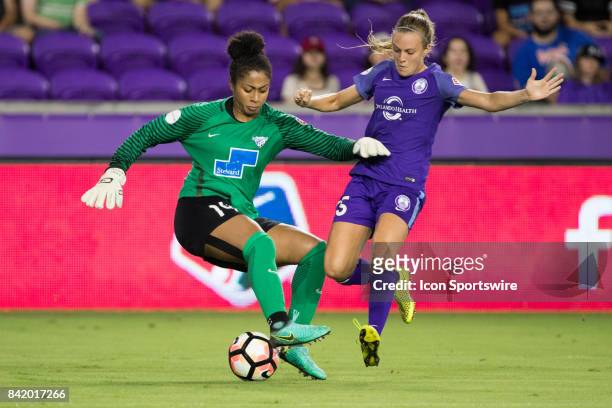 Orlando Pride forward Rachel Hill and Boston Breakers goalkeeper Abby Smith collide during the NWSL soccer match between the Orlando Pride and Boston...