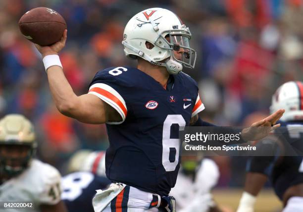 Virginia Cavaliers quarterback Kurt Benkert throws a pass from the pocket during the Virginia Cavaliers game versus the William and Mary Tribe on...