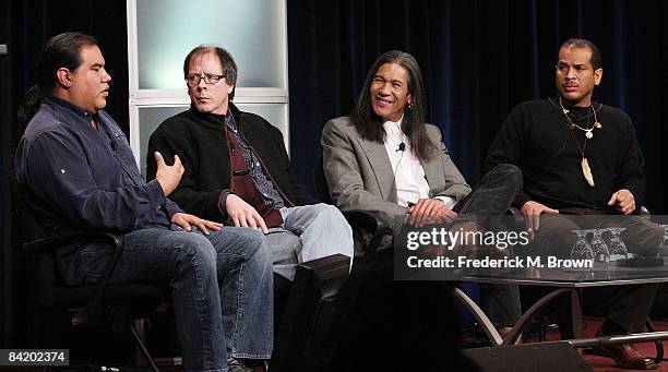 Filmmakers Chris Eyre and Rick Burns, actor Marcos Akiaten and cultural consultant Cassius Spears speak during the PBS portion of the 2009 Winter...