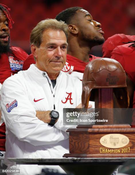 Alabama head coach Nick Saban soaks in the victory after the Crimson Tide beat the FSU Seminoles 24-7 in the Chick fil A Kickoff Classic on September...