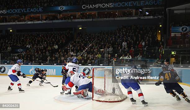 View is taken during the IIHF Champions Hockey League 2nd semi-final match between Espoo Blues and ZSC Lions Zurich at Lansi Auto Areena on January...