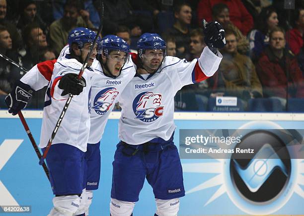 Players of Lions Zurich celebrate the first goal during the IIHF Champions Hockey League 2nd semi-final match between Espoo Blues and ZSC Lions...