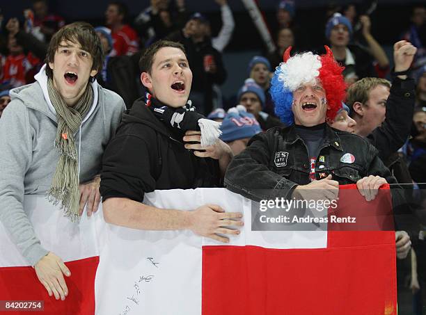 Supporters of Lions Zurich celebrate after the IIHF Champions Hockey League 2nd semi-final match between Espoo Blues and ZSC Lions Zurich at Lansi...