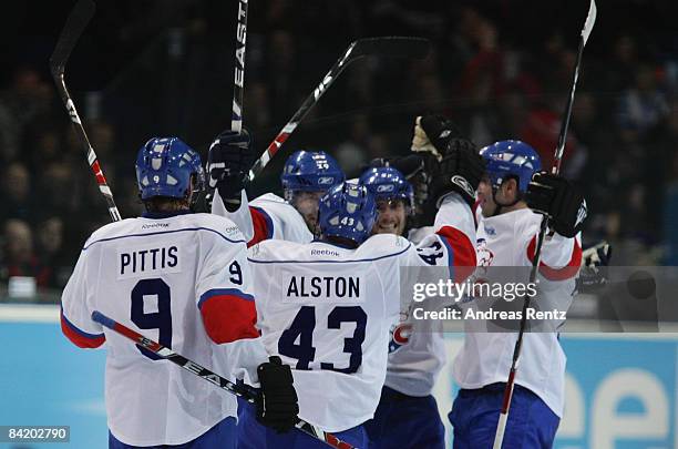 The team of Lions Zurich celebrate after the IIHF Champions Hockey League semi-final match between Espoo Blues and ZSC Lions Zurich at Lansi Auto...