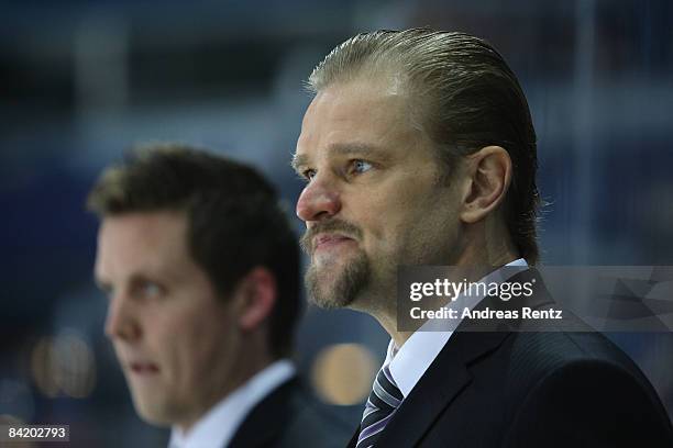 Coach Petri Matikainen of Espoo Blues looks on during the IIHF Champions Hockey League 2nd semi-final match between Espoo Blues and ZSC Lions Zurich...