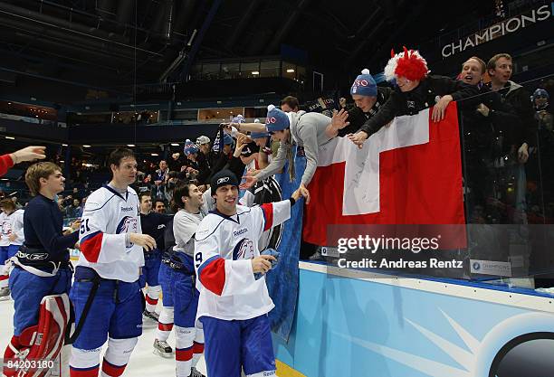 Domenico Pittis of Lions Zurich celebrates after the IIHF Champions Hockey League 2nd semi-final match between Espoo Blues and ZSC Lions Zurich at...