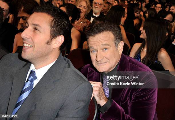 Actors Adam Sandler and Robin Williams pose in the audience during the 35th Annual People's Choice Awards held at the Shrine Auditorium on January 7,...