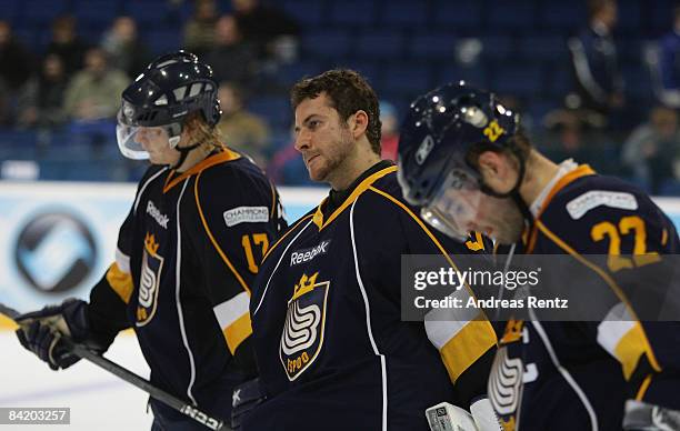 Espoo Blues team members are seen during the IIHF Champions Hockey League 2nd semi-final match between Espoo Blues and ZSC Lions Zurich at Lansi Auto...