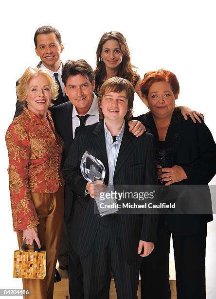 The cast of "Two and a Half Men" Holland Taylor, Jon Cryer, Charlie Sheen, Marin Hinkle, Angus T. Jones, and Conchata Ferrell pose for a portrait...
