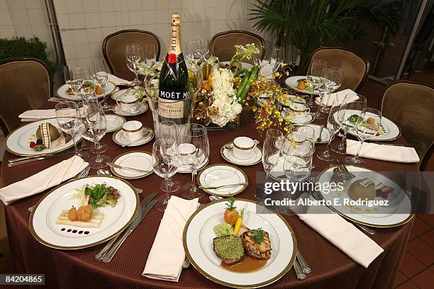 The table setting that will be used at the 66th Annual Golden Globe Award Show Menu shown at the Beverly Hilton Hotel, on January 6, 2009 in Beverly...