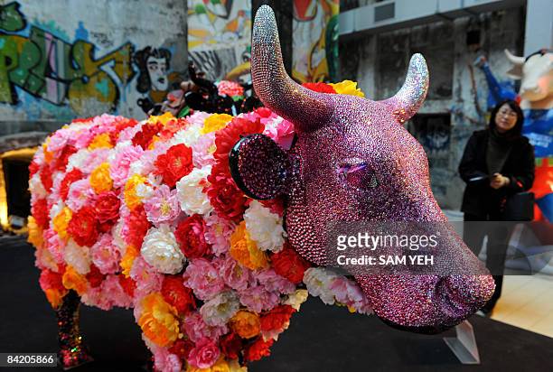 Woman admires an Ox-shaped statue decorated with colorful crystal and flowers during the Cow Parade exhibition in Taipei on January 8, 2009. More...