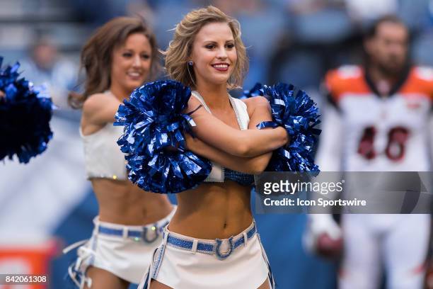 Indianapolis Colts cheerleaders perform during the NFL preseason game between the Cincinnati Bengals and Indianapolis Colts on August 31 at Lucas Oil...