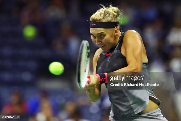 Elena Vesnina of Russia returns a shot to Madison Keys of the United States during their third round Women's Singles match on Day Six of the 2017 US...