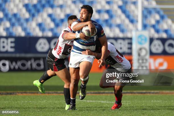 George Moala of Auckland looks to pass during the round three Mitre 10 Cup match between North Harbour and Auckland on September 3, 2017 in Auckland,...